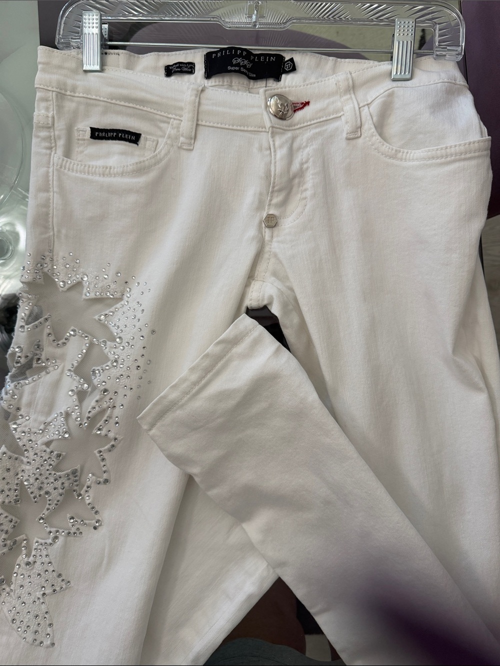 Philipp Plein White Skinny Jeans with Crystal Star Embellishments